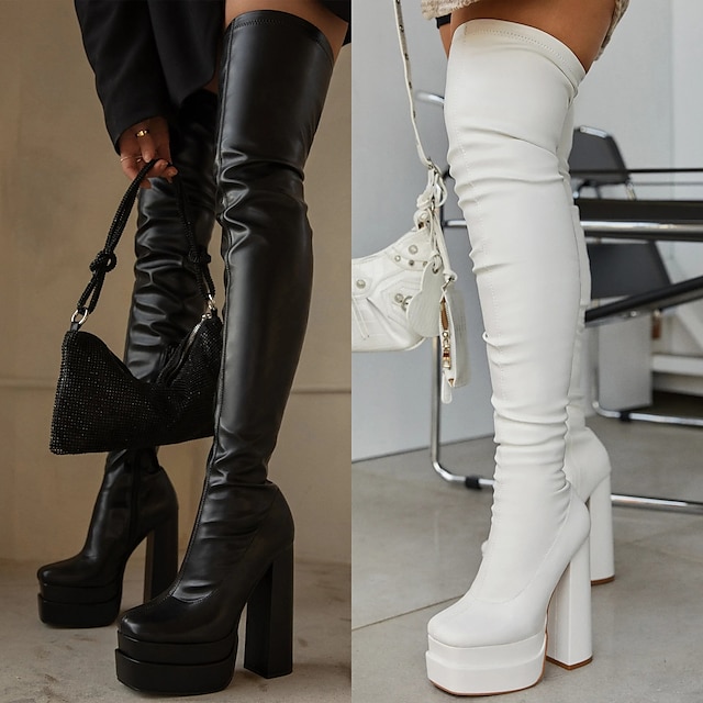  Women's Boots Platform Boots Plus Size Heel Boots Party Solid Color Over The Knee Boots Thigh High Boots Winter Zipper Chunky Heel Square Toe Elegant Fashion Sexy PU Zipper Almond Black White