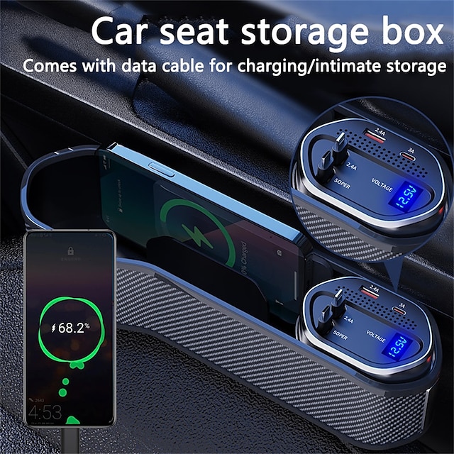  Caixa de armazenamento de assento de carro com duas portas usb e dois cabos de carga rápida retráteis interface console central do carro caixa de armazenamento lateral