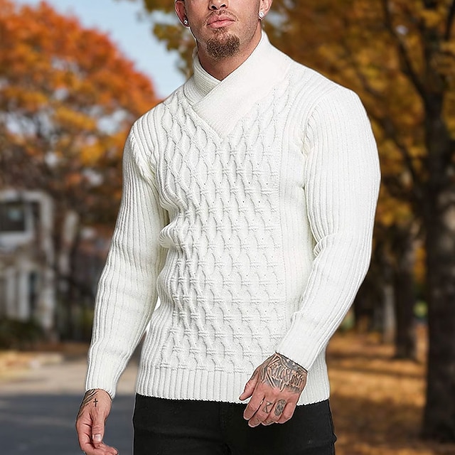  Men's Sweater Pullover Sweater Jumper Cable Waffle Knit Knitted Solid Color Stand Collar Stylish Basic Daily Holiday Clothing Apparel Fall Winter Black White M L XL