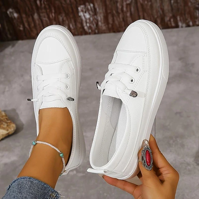 Women's White Casual Sneakers – Lace-Up Low-Top Canvas Shoes for Walking & Everyday Wear 6