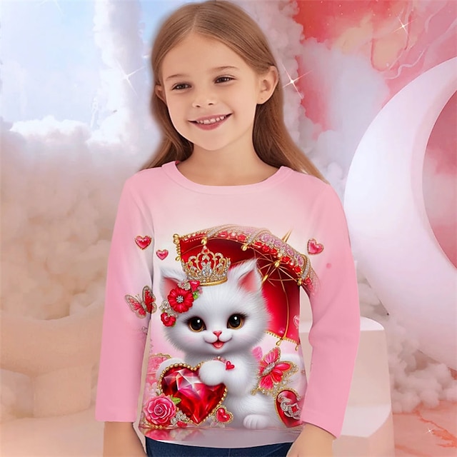  Pige 3D Kat Hjerte T-shirt Skjorte Pink Langærmet 3D-udskrivning Efterår Vinter Aktiv Mode Sød Stil Polyester Børn 3-12 år Rund hals udendørs Afslappet Daglig Regulær