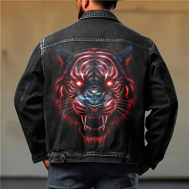 Men's Animal Tiger Coat Jean Jacket Denim Jacket Comfortable Breathable Casual Sports & Outdoor Going out Weekend Buttons Print Fall & Winter Turndown Long Sleeve Black Blue 5