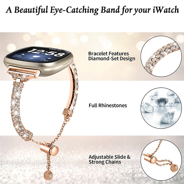  Smart Watch Band Kompatibilis valamivel FitBit Versa 4, Sense 2, Versa 3, Sense Rozsdamentes acél Okos óra Szíj Női Csillogás Kristály Ékszer karkötő Csere Karszalag