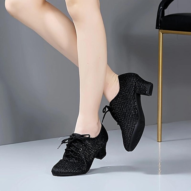  Women's Latin Shoes Practice Trainning Dance Shoes Performance Training Heel Cuban Heel Round Toe Lace-up Adults' Black White