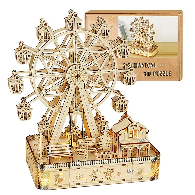  3D Wooden Puzzles Led Rotatable Ferris Wheel Music Octave Box Model Mechanical Kit Assembly Decor DIY Toy Gift for Kid Adult