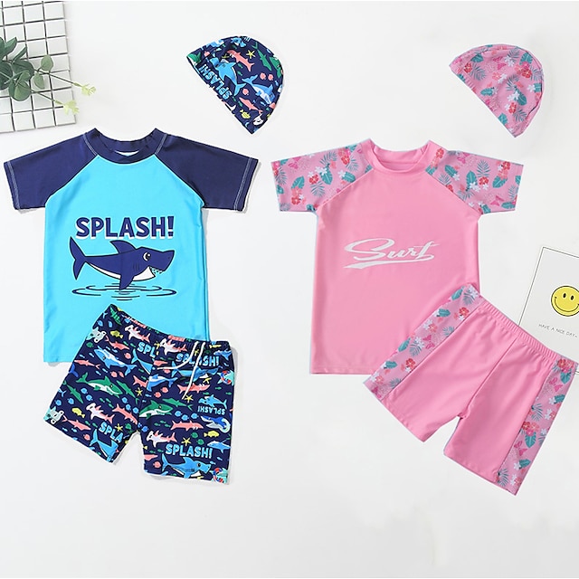  Infantil Para Meninos roupa de banho Gráfico Manga Curta Ao ar livre Legal Tubarão colorido Verão Roupas 7-13 anos