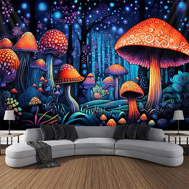  blacklight gobeläng uv-reaktiv glöd i mörkret svamp trippy dimmig natur landskap hängande gobeläng väggkonst väggmålning för vardagsrum sovrum
