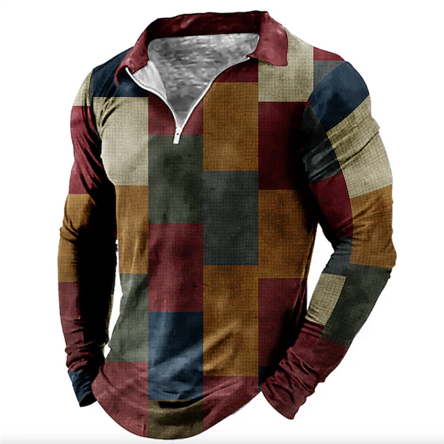 Men's Plaid Zip Polo Shirts Golf Shirt Long Sleeve Polo Shirts Collared Shirts Vintage Casual Vacation Wear Formal Wear Festival Wear 3D Print Quarter Zip Polo Fall & Winter Blue Brown Khaki4