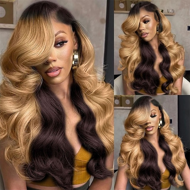  200% Density 13x6 Human Hair Lace Front Wigs Pre Plucked With Baby Hair 4/27 13x6 Honey Blonde Lace Front Wigs Human Hair For Women HD Transparent Body Wave Lace Front Wigs Human Hair With Baby Hair