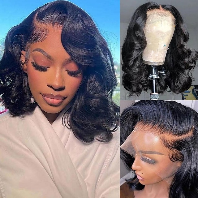  14 Inch Short Bob Wig Human Hair Wigs For Black Women 13x4  Lace Front Wigs Pre Plucked Transparent HD Brazilian Body Wave Lace Frontal Wigs Loose Wavy Human Hair Wig