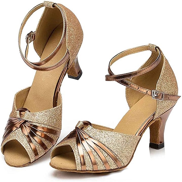  Damen Schuhe für den lateinamerikanischen Tanz Abiball Professionell Rumba Pailletten Absätze Einheitliche Farbe Stöckelschuh Peep Toe Schnalle Erwachsene Silber Gold