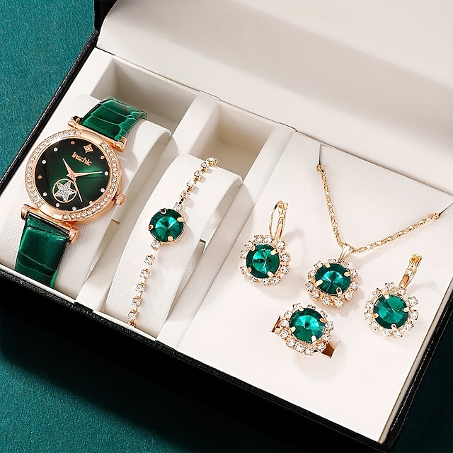  6 stks/set dameshorloge luxe strass quartz horloge vintage ster analoog polshorloge & sieradenset cadeau voor moeder haar