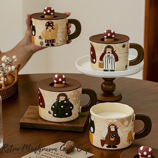  Vintage Mushroom Girl Cute Cup Mug, Creative Ceramic Cup, Office Water Cup, Coffee Cup, Breakfast Cup Milk Cup, Christmas Xmas Gift