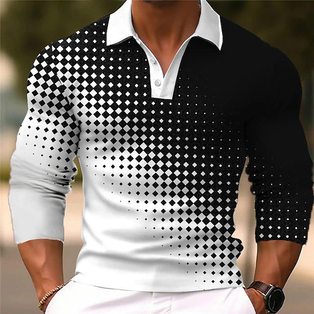 Men's Geometric Polo Shirts Golf Shirt Long Sleeve Polo Shirts Collared Shirts Business Casual WorkWear Formal Wear Festival Wear 3D Print Buttons Fall & Winter White Yellow Green4