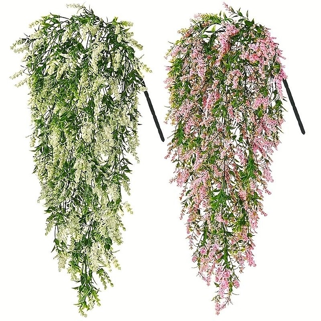  2st falsk hängande blomma, konstgjord lavendelbukett vinranka hängande växter falska murgröna vinblad för uteplats hem sovrum bröllop inomhus utomhus väggdekor, heminredning, estetisk rumsdekor