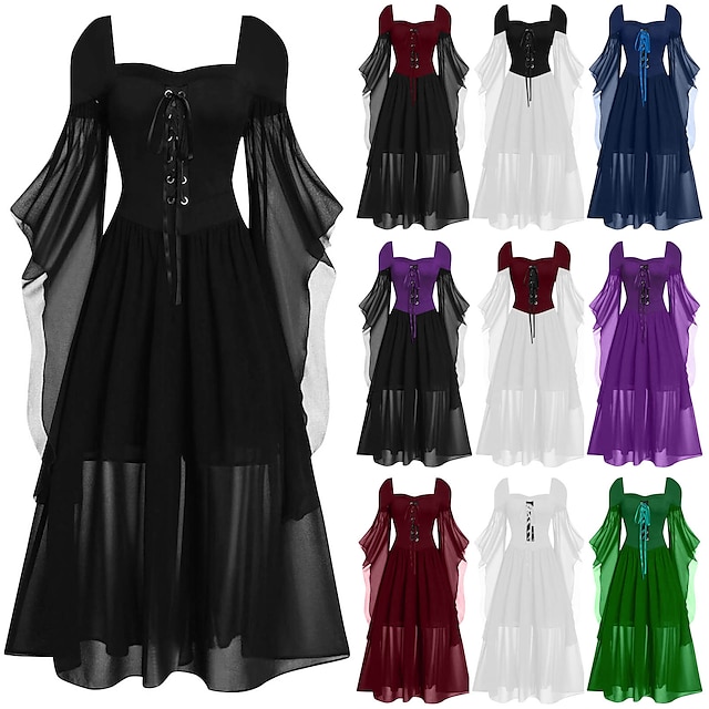  Retro Vintage Punk & Gothic Mittelalterlich Kleid Hexe Damen Casual Kleid