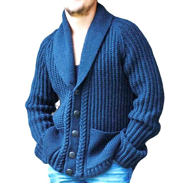 Men's Cardigan Sweater Chunky Cardigan Cropped Sweater Cable Regular Button Up Plain Shawl Collar Vintage Warm Ups Casual Daily Wear Clothing Apparel Raglan Sleeves Fall Winter Blue M L XL4