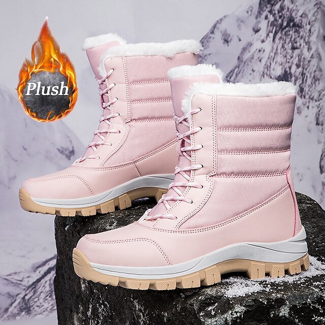  Women's Boots Snow Boots Waterproof Boots Plus Size Daily Solid Color Fleece Lined Booties Ankle Boots Flat Heel Round Toe Casual Comfort Faux Leather Elastic Band Black Pink Red