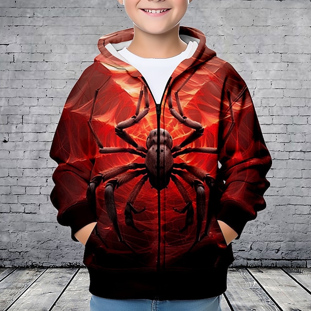  Мальчики 3D SPIDER Толстовка Пальто Верхняя одежда Длинный рукав 3D печать Осень Зима Мода Уличный стиль Круто Полиэстер Дети 3-12 лет на открытом воздухе Повседневные Стандартный