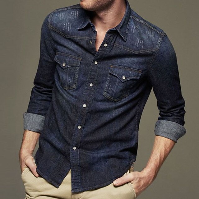 Men's Shirt Button Up Shirt Casual Shirt Jeans Shirt Denim Shirt Dark Blue Long Sleeve Plain Lapel Street Vacation Pocket Clothing Apparel Fashion Leisure Hawaiian2