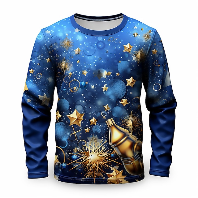  New Year Boys 3D Stars Fireworks Tee Shirt Long Sleeve 3D Print Fall Winter Sports Fashion Streetwear Polyester Kids 3-12 Years Crew Neck Outdoor Casual Daily Regular Fit