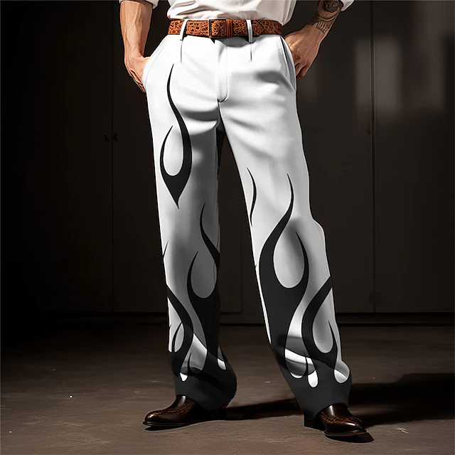 Flame Business Casual Men's 3D Print Dress Pants Pants Trousers Outdoor Street Wear to work Polyester Wine Black White S M L High Elasticity Pants 5