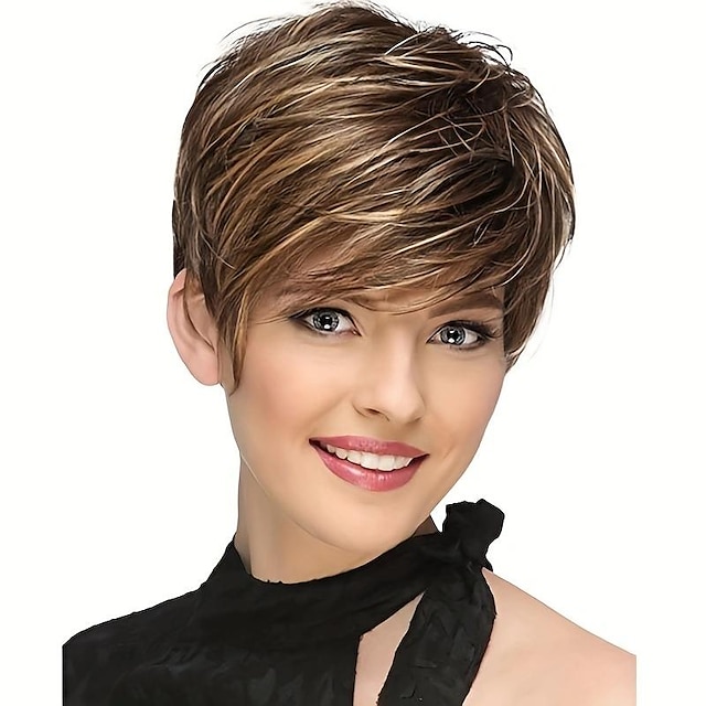  pixie cut korta peruker för kvinnor korta hårklippningar blandade highlight syntetisk peruk med lugg