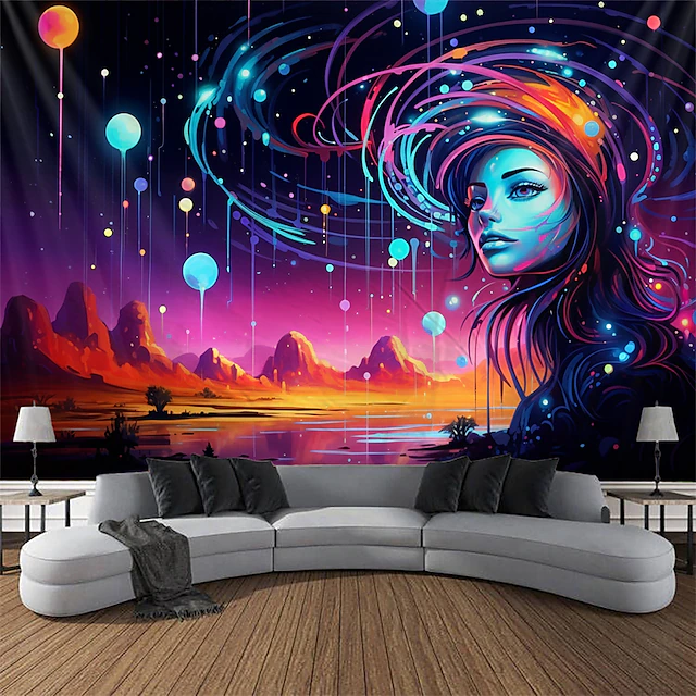 Blacklight Tapestry UV Reactive Glow in the Dark Goddness Trippy Mountain Misty Nature Landscape Hanging Tapestry Wall Art Mural for Living Room Bedroom 12