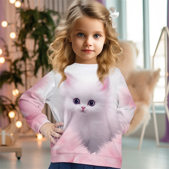  Fete 3D Pisica Hanorca Pullover Roz Manșon Lung Tipărire 3D Toamnă Iarnă Modă Șic Stradă Adorabil Poliester Copii 3-12 ani Stil Nautic În aer liber Casual Zilnic Fit regulat