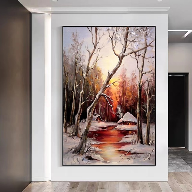  pictură în ulei pictată manual sediul soarelui zăpadă scenă pădure de mesteacăn pictură decorativă pictură peisagistică mare pânză cadou artă cadou de Crăciun pânză rulată (fără cadru)
