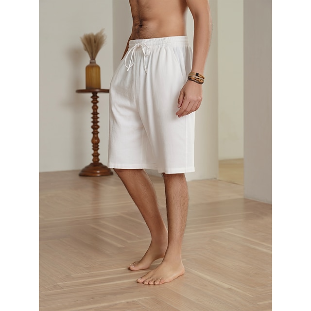 40 Linen Men's Linen Shorts Summer Shorts Pocket Drawstring Elastic