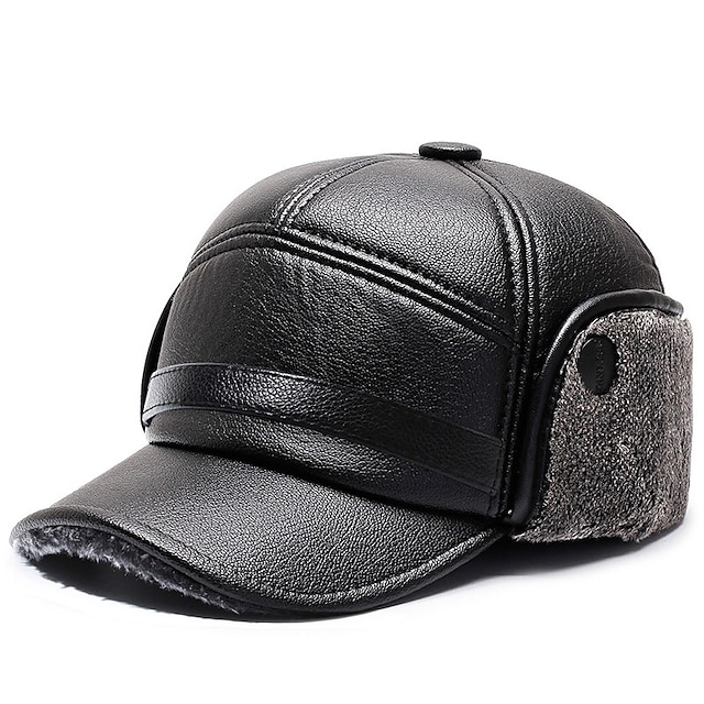  Men's Flat Cap Winter Hats Flat Top Hat Earmuffs Cap Black Gray PU Leather Thick Travel Ear Protection Outdoor Vacation Plain Windproof Warm