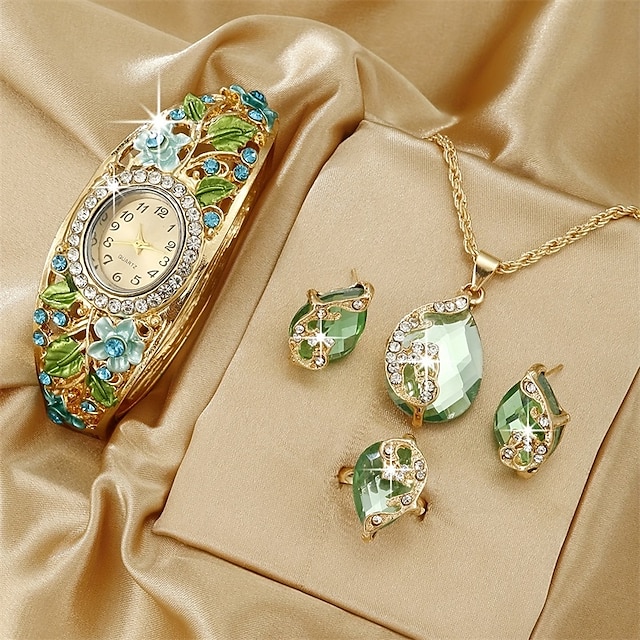  5pcs conjunto de luxo feminino pulseira relógios de quartzo moda strass quartzo manguito pulseira relógio oval ponteiro analógico relógio de pulso conjunto de jóias presente para a mãe dela