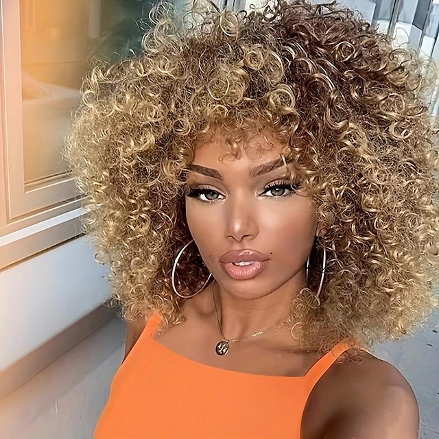  Weiche und stilvolle 14-Zoll-blonde Afro-Lockenperücke für Frauen – perfekt für 70er-Jahre- und krauses lockiges Haar – Kunstfasermaterial für langanhaltenden Tragekomfort