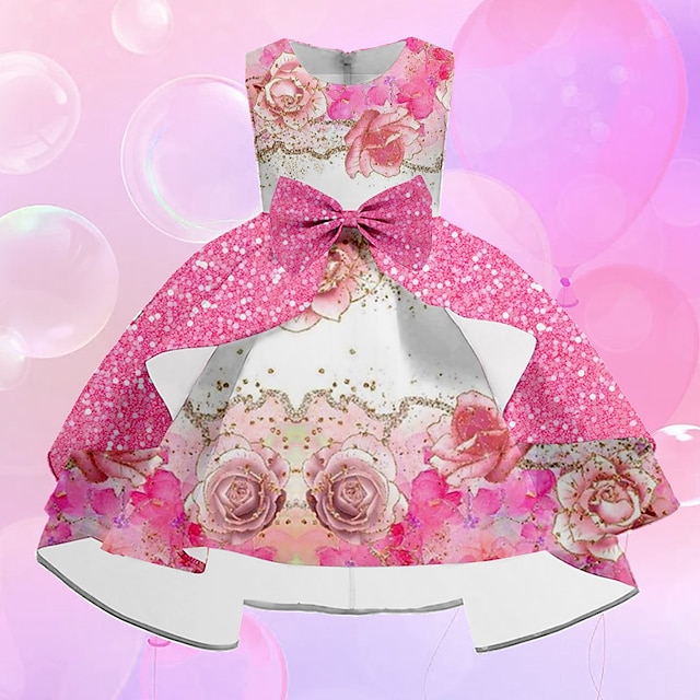 Girls ' 3D Floral Rochie de petrecere Fără manșon Tipărire 3D Vară Primăvară Toamnă Petrecere Ocazie specială Zi de Naștere Elegant Prințesă Frumoasa Copii 3-12 ani Rochie de petrecere Rochie leagăn