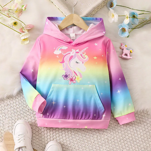 Girls' 3D Rainbow Unicorn Color Gradient Hoodie Pullover Pink Long Sleeve 3D Print Fall Winter Active Fashion Cute Kids 3-12 Years 4-12 Years Outdoor Casual Daily Regular Fit 6