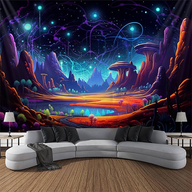  blacklight wandtapijt uv reactief glow in the dark trippy berg misty paddestoel natuur landschap hangend tapijt muur kunst muurschildering voor woonkamer slaapkamer