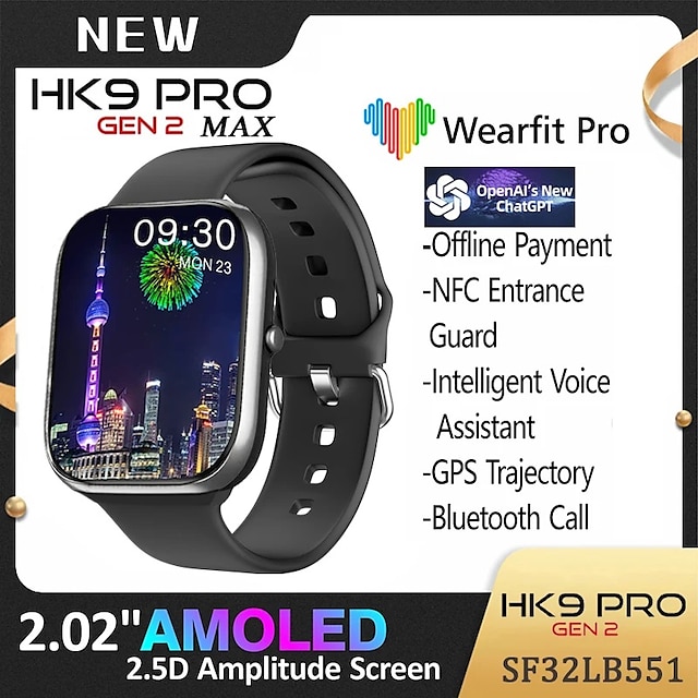  HK9 PRO MAX Smartwatch 2.02 Zoll Smartwatch Fitnessuhr Bluetooth EKG + PPG Schrittzähler Anruferinnerung Kompatibel mit Android iOS Damen Herren Langer Standby Freisprechanlage Wasserdicht IP68 40mm