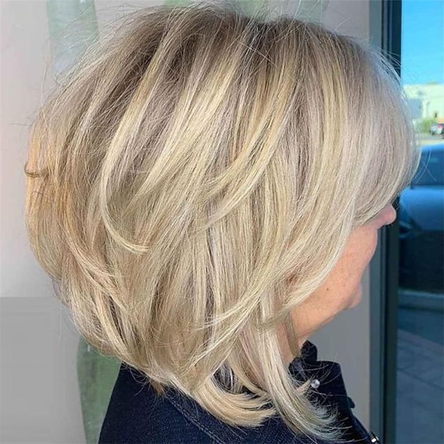  Short Highlight Blonde Pixie Cut Wigs for Black Women Bleach Blonde Bob Layered Side Part Wig with Curtain Bangs for Women Synthetic Light Blonde Bob Shaggy Wig 613 Blonde Pixie Cut Wig