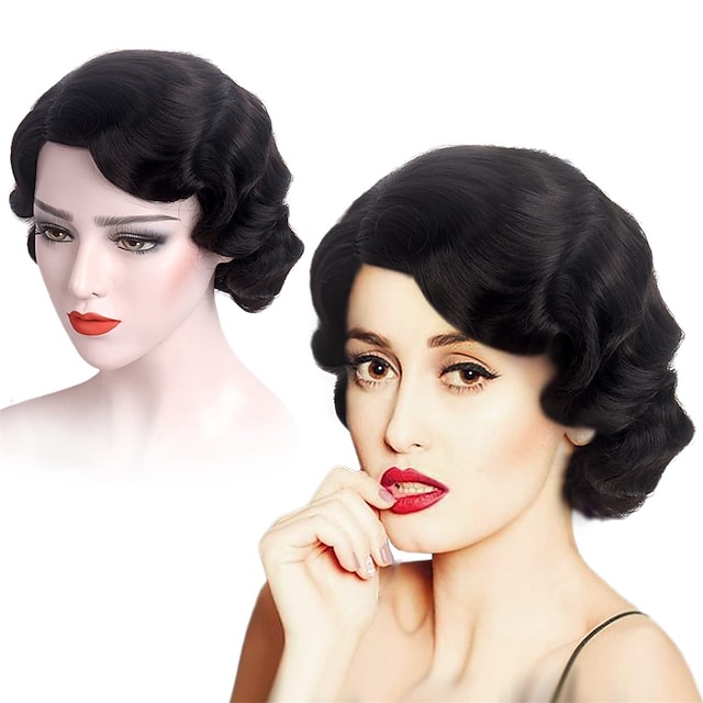  court noir 1920s perruque pour femmes gatsby rugissant 20s doigt vague partie perruque synthétique complet vintage perruques pour femmes dame cosplay costume fantaisie robe 1920 clapet perruque