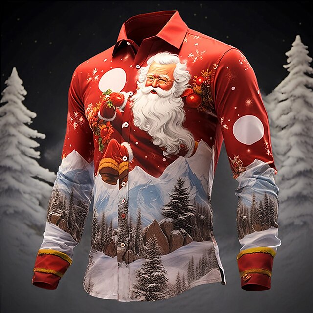  Santa Claus Casual Men's Shirt Outdoor Christmas Street Fall & Winter Turndown Long Sleeve Red Royal Blue Blue S M L Shirt