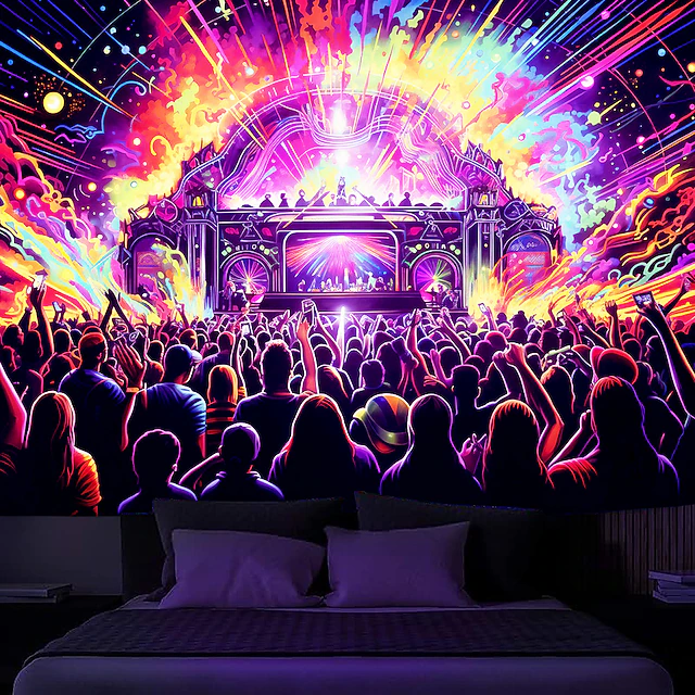 Blacklight Tapestry UV Reactive Glow in the Dark Glow Party Neon Trippy Misty Bar Concert Hanging Tapestry Wall Art Mural for Living Room Bedroom 40