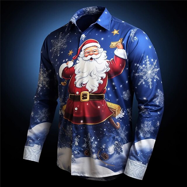 Christmas Men's Santa Claus Printed Shirts Santa Claus Casual Daily Wear Going out Fall & Winter Turndown Long Sleeve Navy Blue, Blue, Sky Blue S, M, L 4-Way Stretch Fabric Shirt4