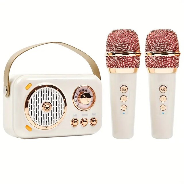  bärbar trådlös ktv-högtalarset med två mikrofoner - retrodesign uppslukande karaokeupplevelse - perfekt present till hemmafester födelsedagar för presenter