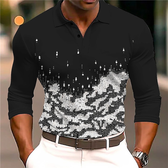  Herr Grafisk Pikétröjor Golftröja Långärmad Polotröjor Skjortor med krage Ledigt Semesterkläder Rave Wear Festkläder Knappar 3D-utskrift Höst vinter Svart Vit Grå