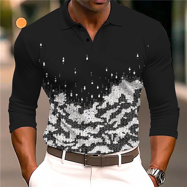 Men's Graphic Polo Shirts Golf Shirt Long Sleeve Polo Shirts Collared Shirts Casual Vacation Wear Rave Wear Party Outfits 3D Print Buttons Fall & Winter Black White Gray4