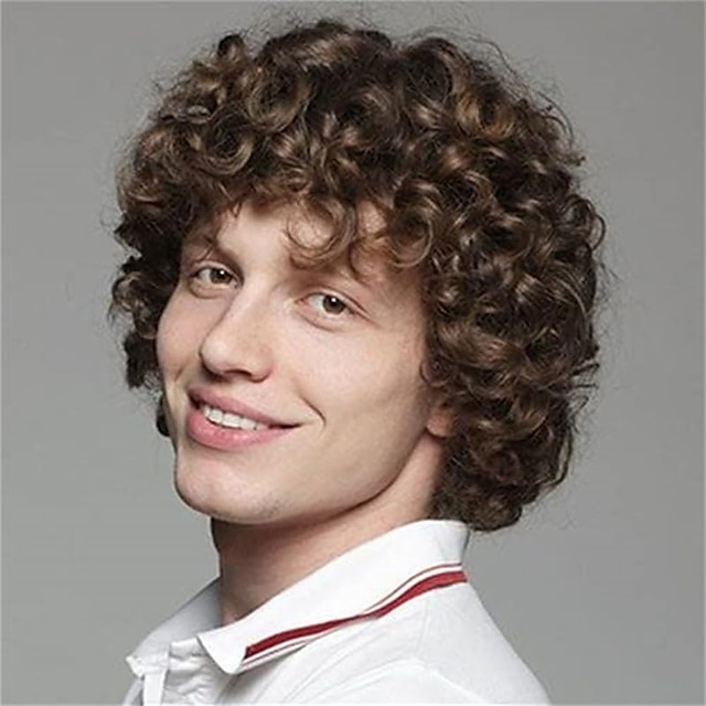  Brown Curly Short Afro Wig for Male Guy California Mens Cosplay Costume Daily Hair Synthetic Heat Resistant Mens Full Wigs