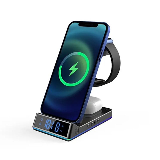  5 In 1 15W Foldable Wireless Charger Stand RGB Dock LED Clock Fast Charging Station for iPhone Samsung Galaxy Watch 5/4 S22 S21