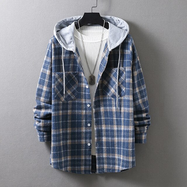  Men's Shirt Casual Shirt Plaid Shirt Button Up Shirt Overshirt Plaid / Check Outdoor Daily Wear Yellow Blue Orange Green Long Sleeve Hooded Fall & Winter Clothing Apparel Front Pocket