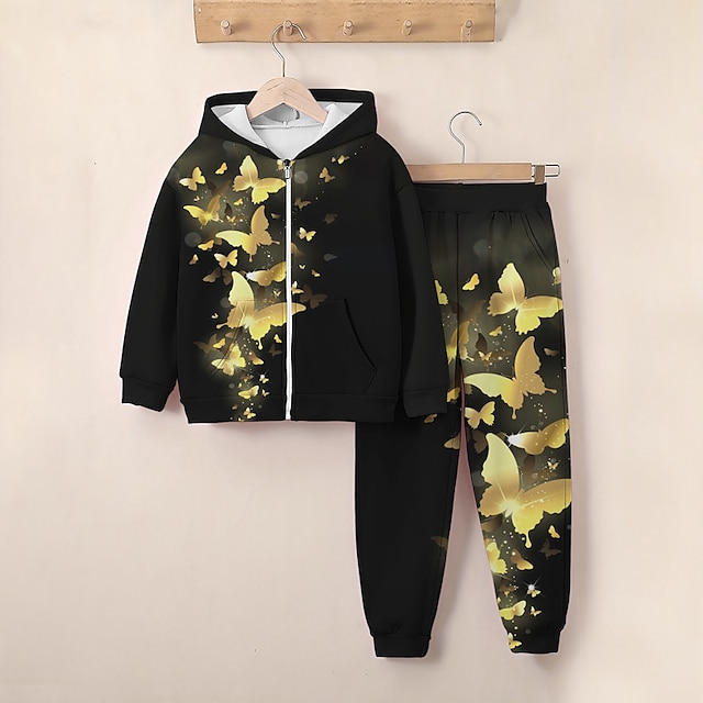  Girls' 3D Butterfly Hoodie & Sweatpants Set Long Sleeve 3D Printing Fall Winter Active Fashion Cute Polyester Kids 3-12 Years Zip Hooded Outdoor Street Regular Fit